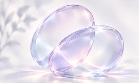 Two transparent glass forms, softly resting together.