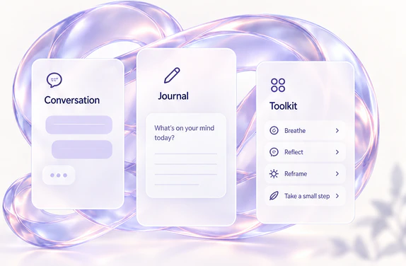 Illustrative MIRA conversation, journal, and toolkit cards among luminous glass ribbons.
