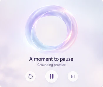 Illustrative breathing and grounding practice with a luminous lavender ring.
