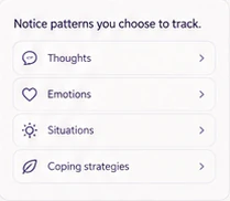 Illustrative toolkit for thoughts, emotions, situations, and coping strategies.