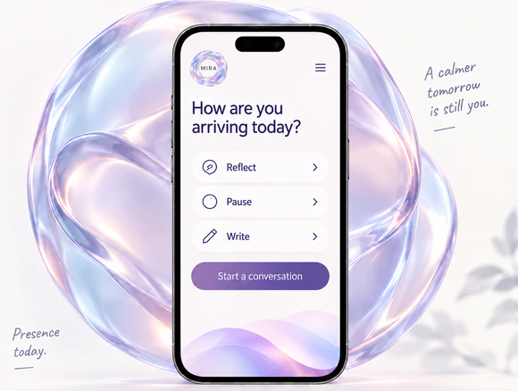 An illustrative MIRA phone preview, surrounded by a luminous lavender glass sculpture.