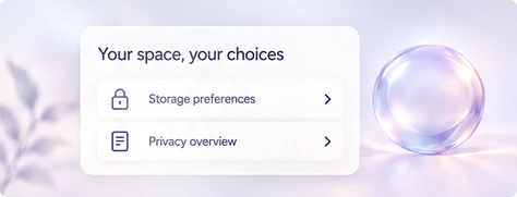 Illustrative storage preferences and privacy overview cards.