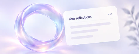 An illustrative reflections card beside a pearlescent ring.